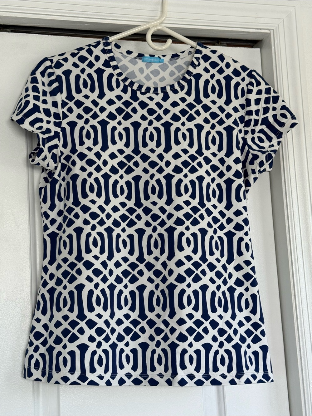 J. McLaughlin Navy & White Geometric Short Sleeve Tee